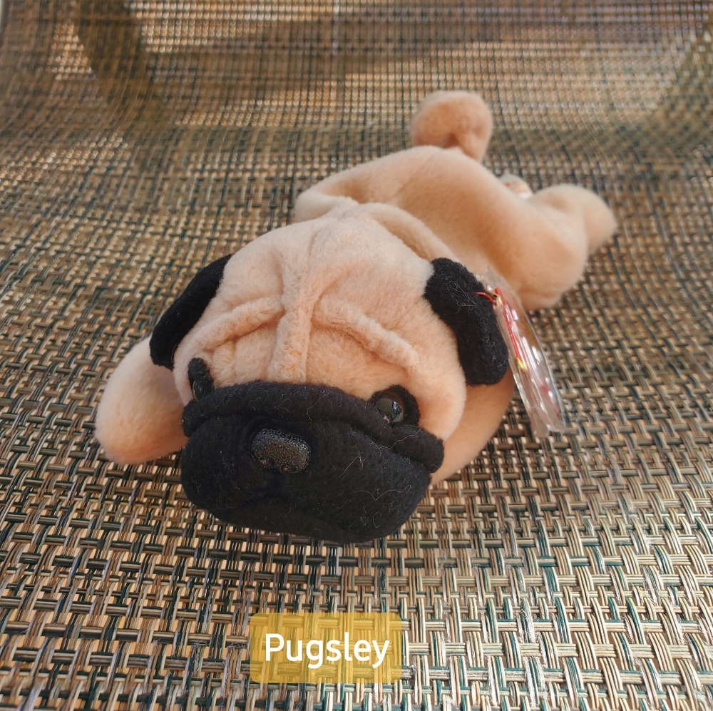Ty Beanie Baby Pugsly - Discontinued Pug Dog with Tag Protector